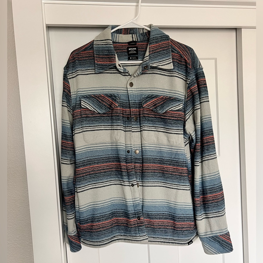 PrAna Men’s Thick Blue Striped Flannel Shirt Jacket